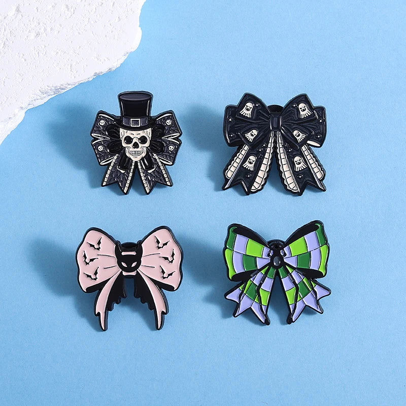 Coven Collections Gothic Bow Brooch Set – Skull & Nurse Enamel Pins (6pcs)