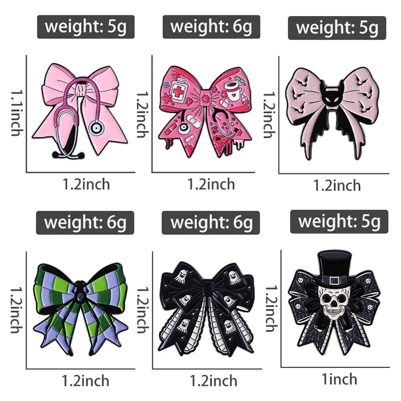 Coven Collections Gothic Bow Brooch Set – Skull & Nurse Enamel Pins (6pcs)