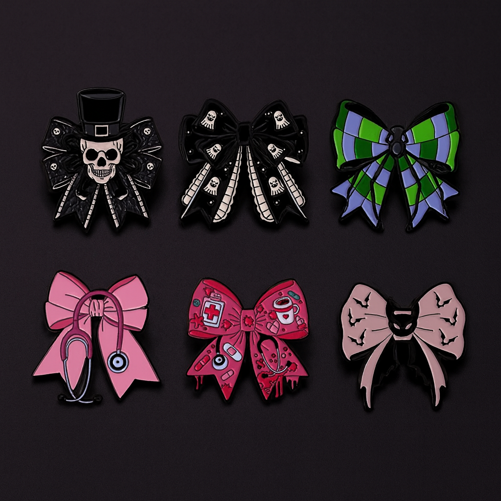 Coven Collections Gothic Bow Brooch Set – Skull & Nurse Enamel Pins (6pcs)