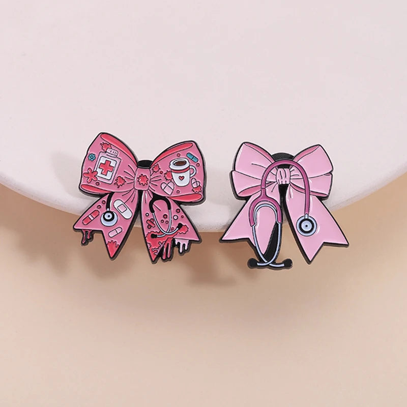 Coven Collections Gothic Bow Brooch Set – Skull & Nurse Enamel Pins (6pcs)