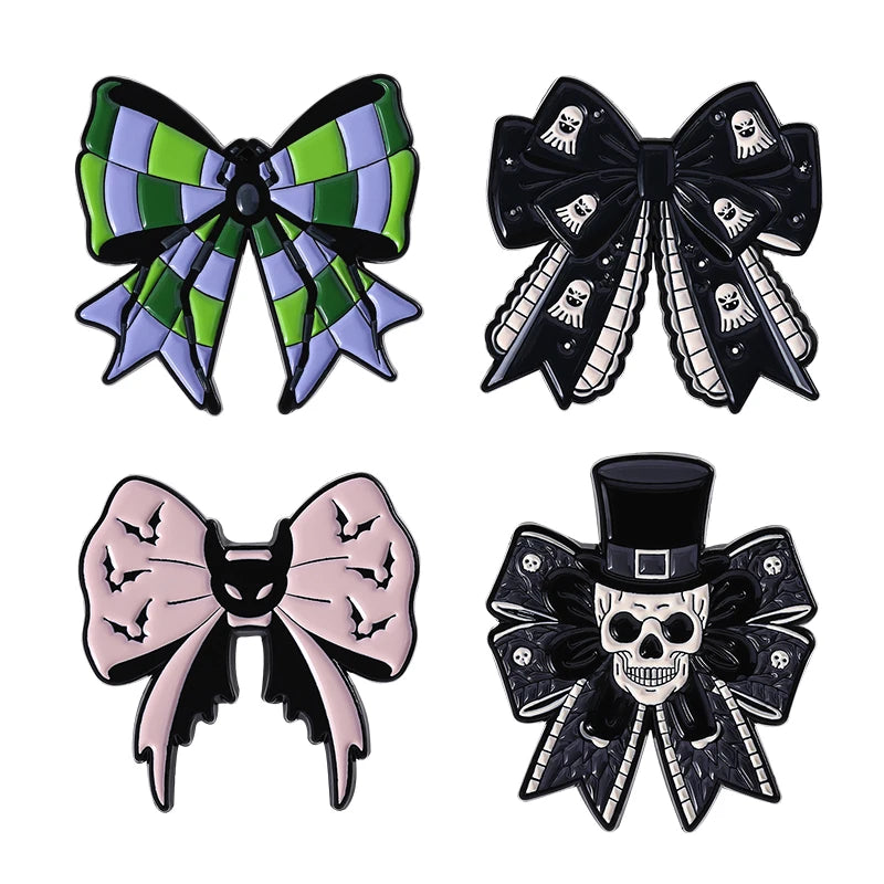 Coven Collections Gothic Bow Brooch Set – Skull & Nurse Enamel Pins (6pcs)