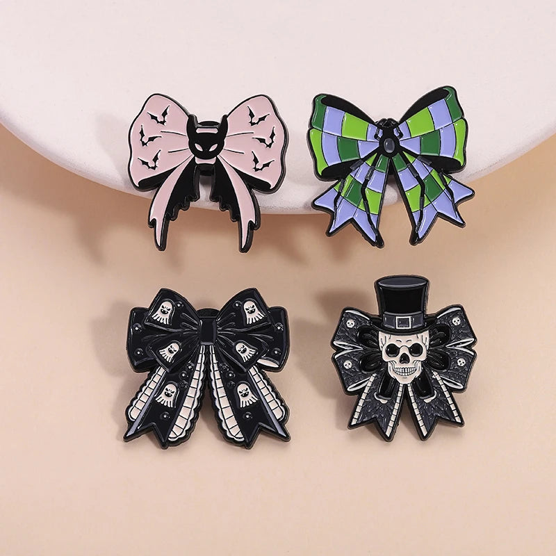 Coven Collections Gothic Bow Brooch Set – Skull & Nurse Enamel Pins (6pcs)
