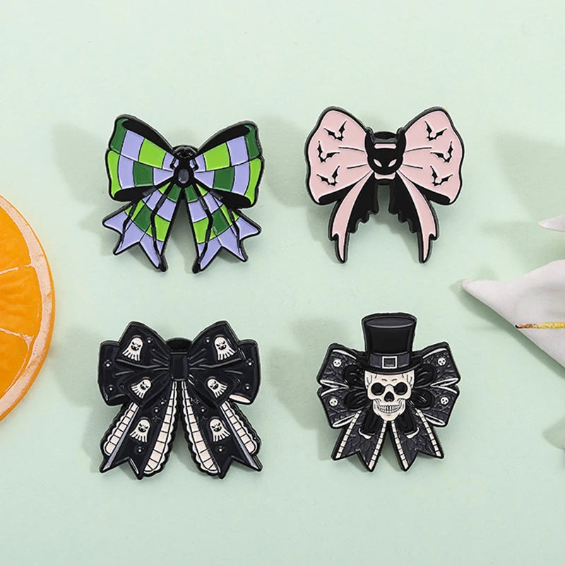 Coven Collections Gothic Bow Brooch Set – Skull & Nurse Enamel Pins (6pcs)